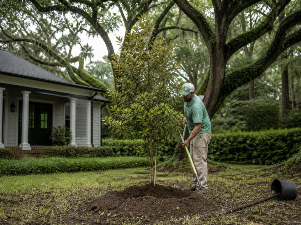 Newly planted tree on a Louisiana lot